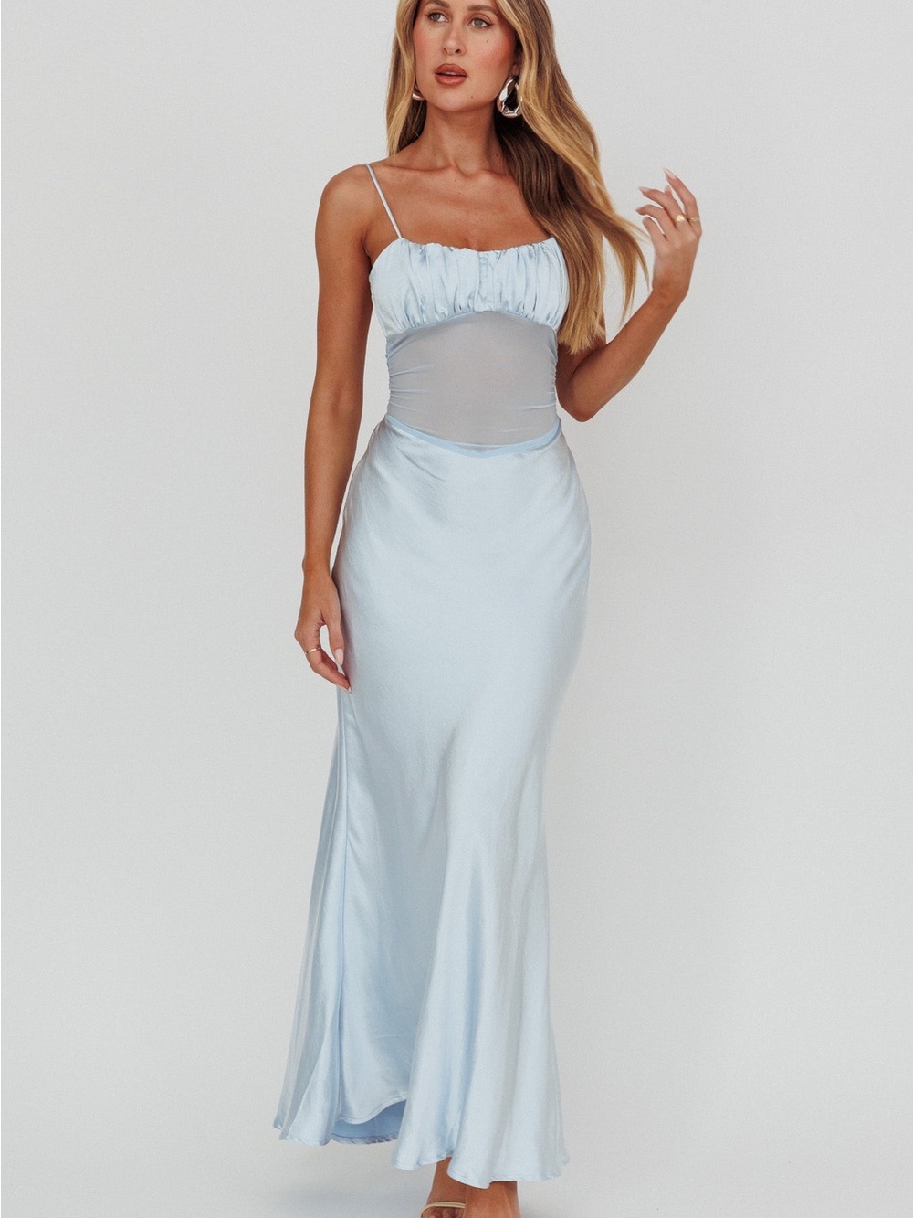 Selfie Leslie Nerida Sheer Waist Back Twist Maxi Dress Blue Size M NWT